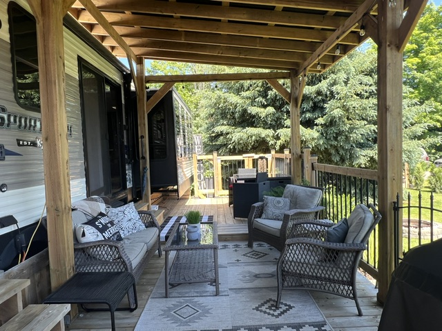 conversation set - outdoor couch/chairs with cushions + coffee table